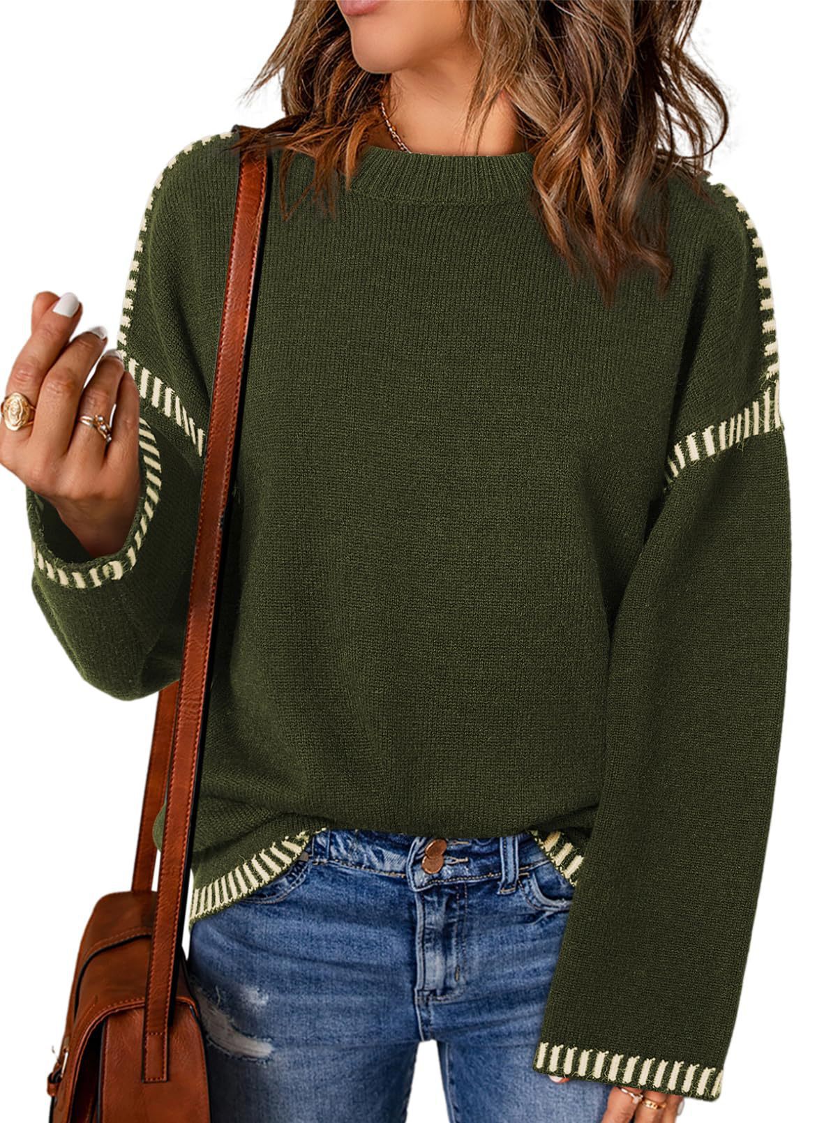Damen Grobstrickpullover mit modischem Kontrastsaum und weiten Ärmeln Stalluxe