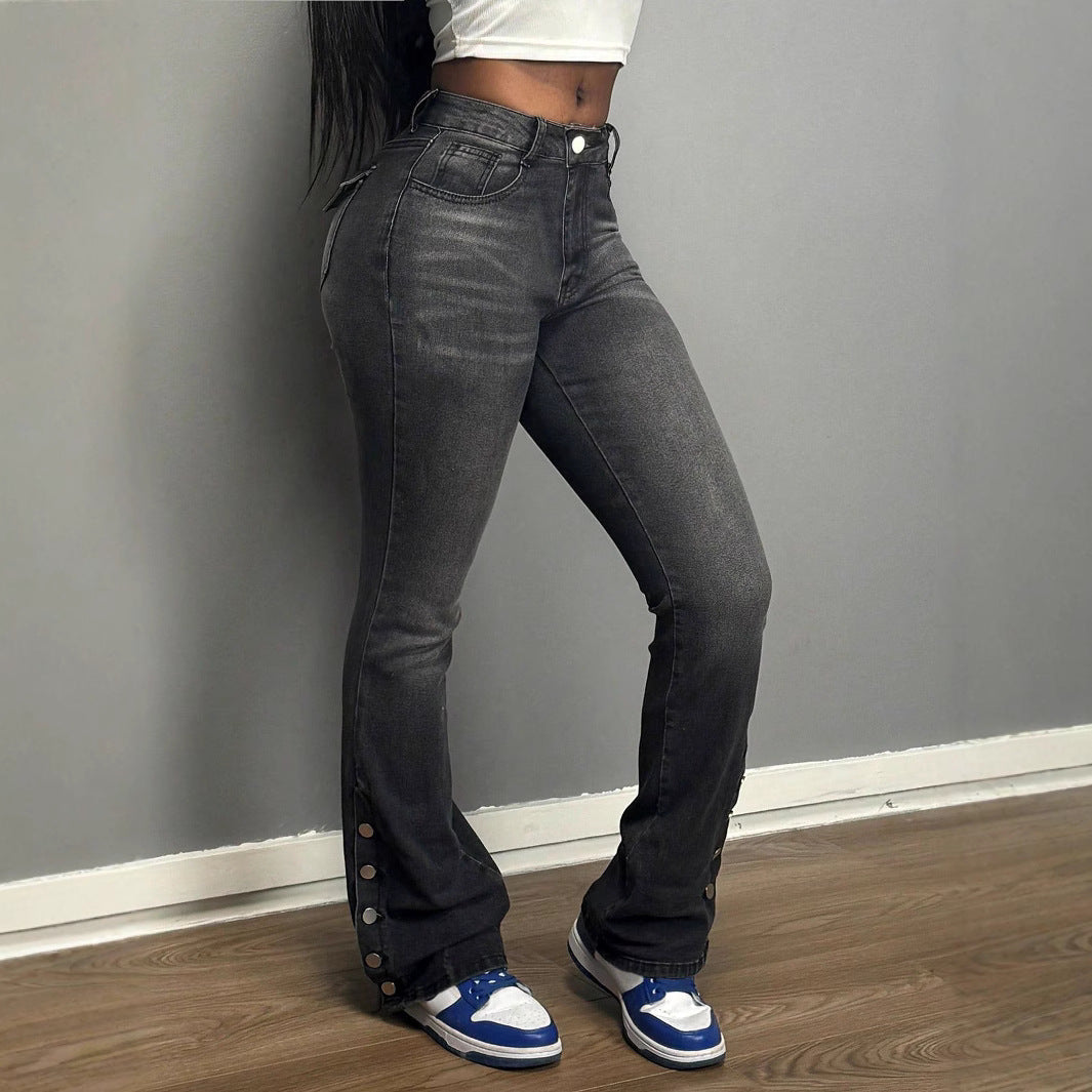 Damen Flared Jeans mit Knopfdetail und hohem Bund Stalluxe
