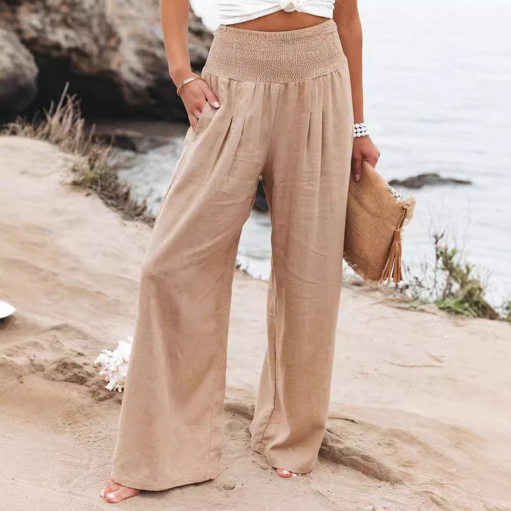 Damen Weite Leinenhose mit elastischem Bund und Falten Stalluxe