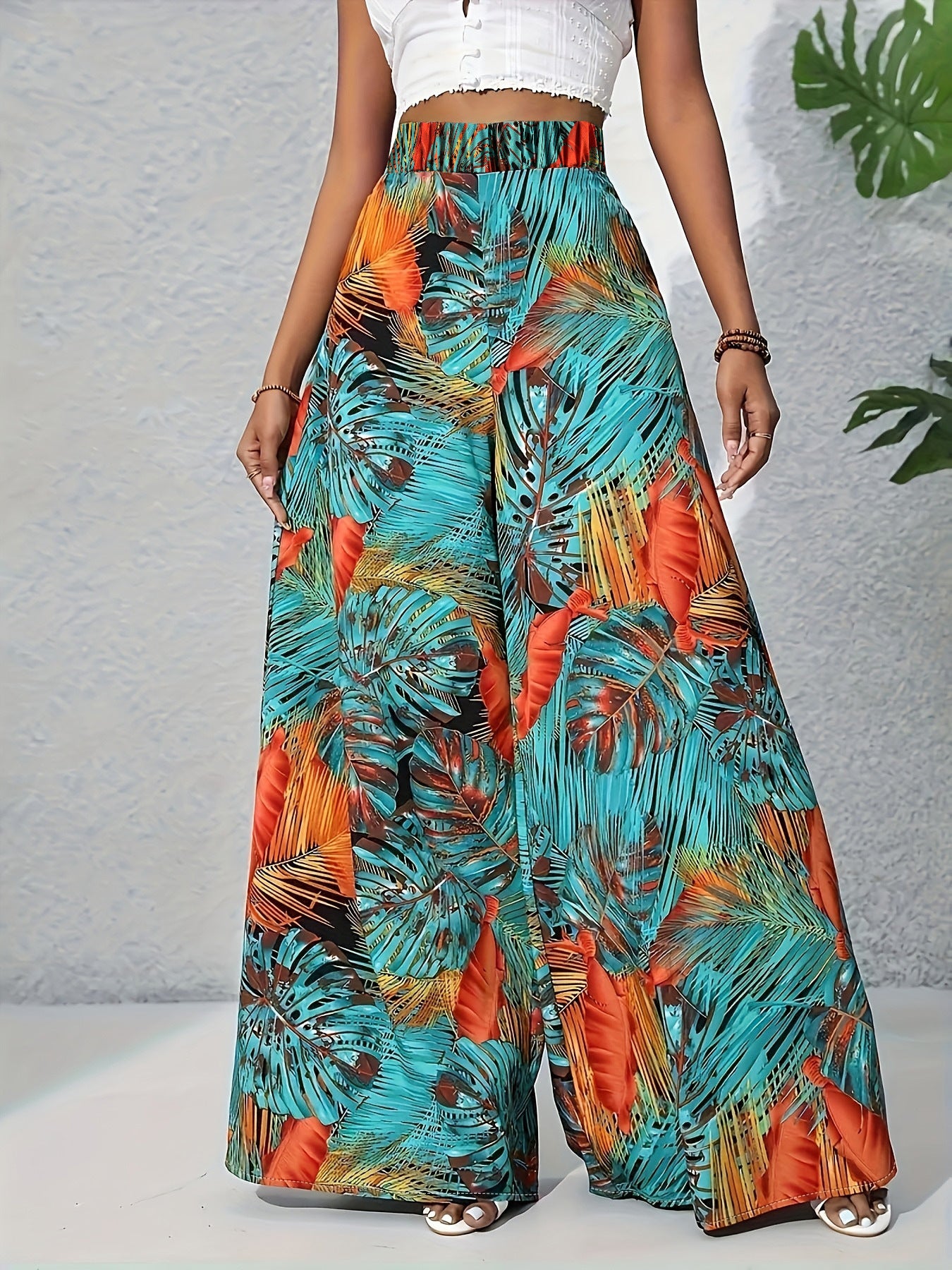 Damen Palazzo-Hose mit lebendigem Palmenmuster und elastischem High-Waist-Bund Stalluxe