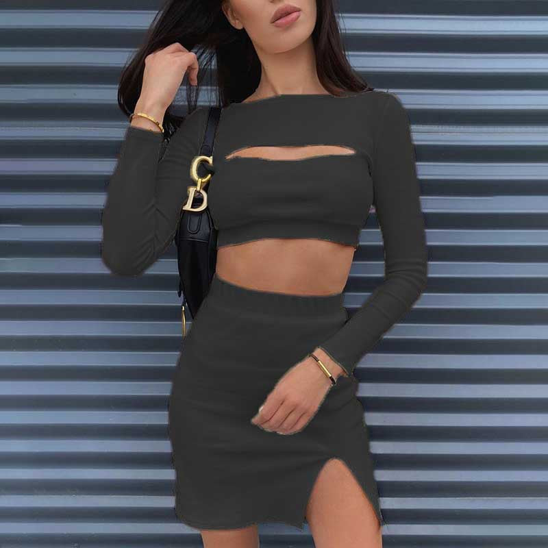 Damen Zweiteiliges Set mit schulterfreiem Crop-Top und Bodycon Rock mit Schlitz Stalluxe