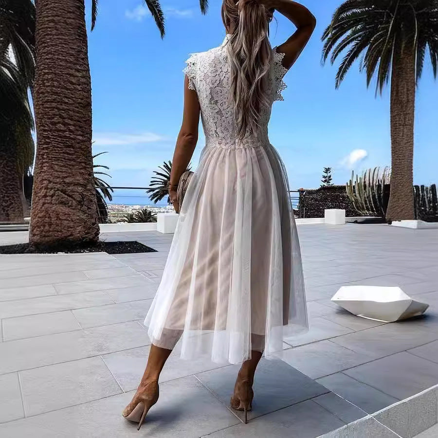 Damen Elegantes Spitzenkleid mit transparentem Rock und hohem Kragen Stalluxe