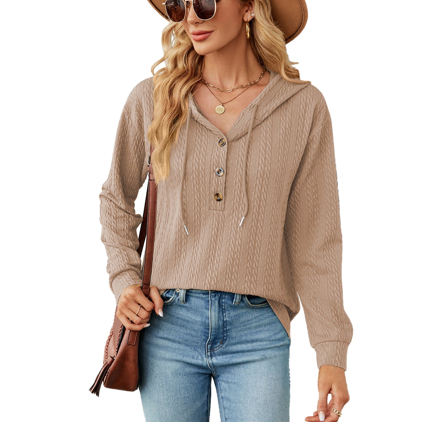 Damen lässiger Kapuzenpullover mit strukturierter Oberfläche und Knopfdetails Stalluxe