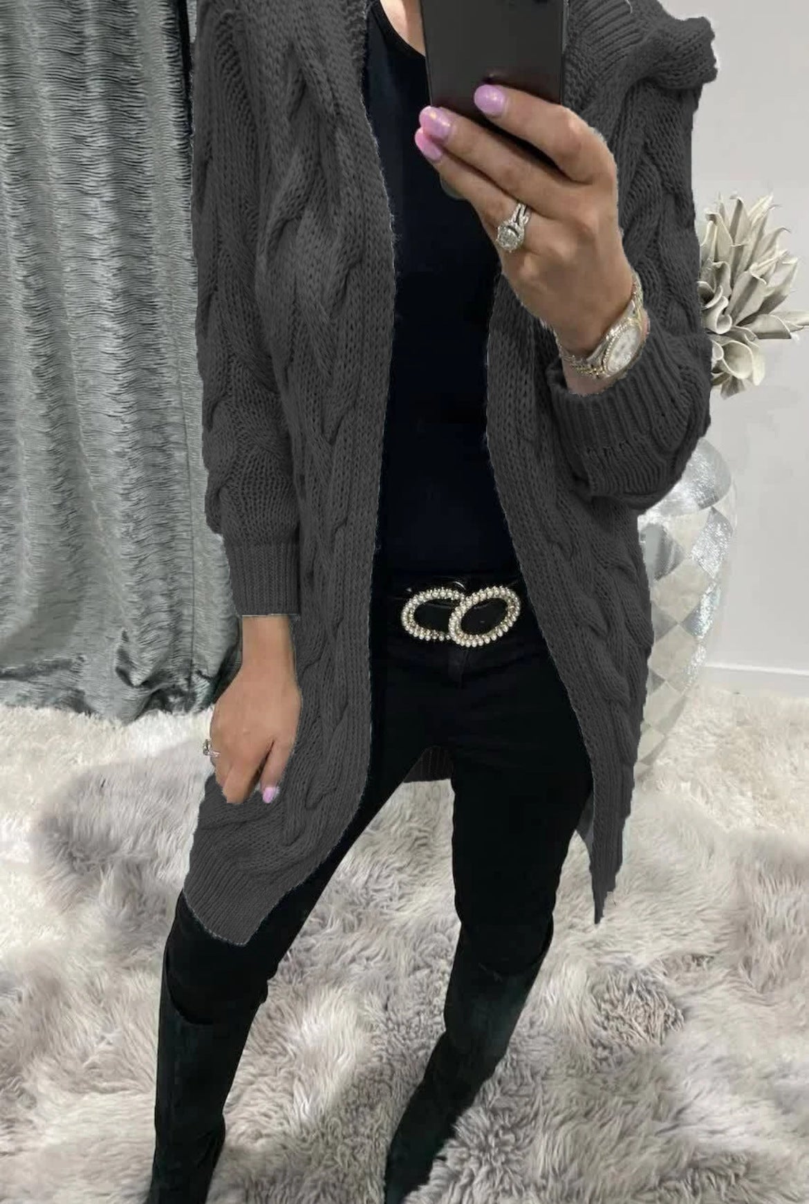 Damen Grobstrick-Cardigan mit Kapuze und Zopfmuster Stalluxe