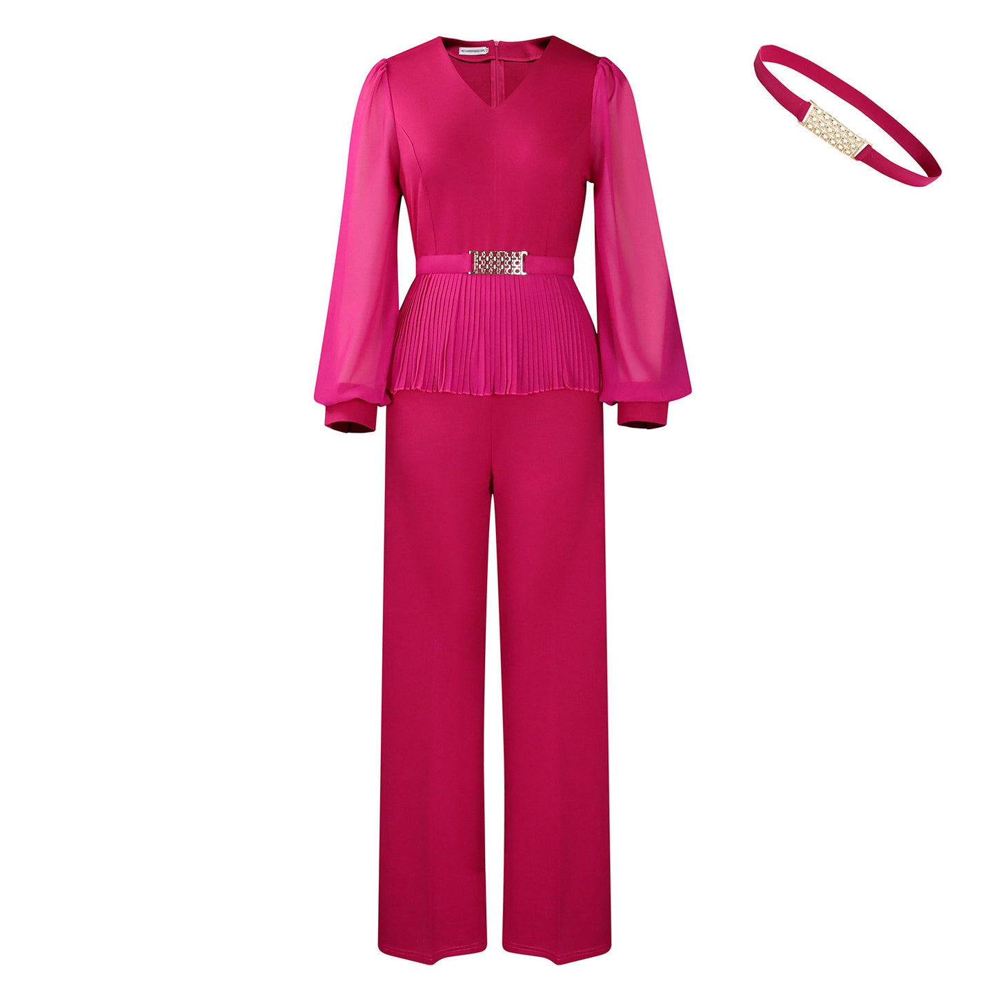 Damen Eleganter Jumpsuit mit plissiertem Oberteil und voluminösen Ärmeln Stalluxe