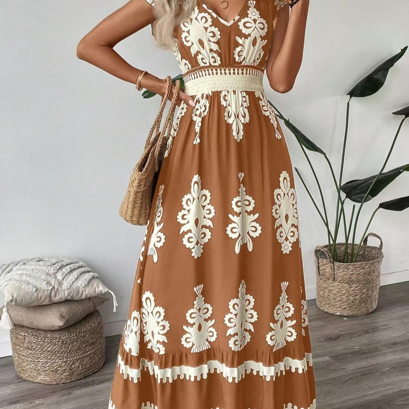 Damen Maxikleid mit stilvollem V-Ausschnitt und kontrastreichem Druck Stalluxe