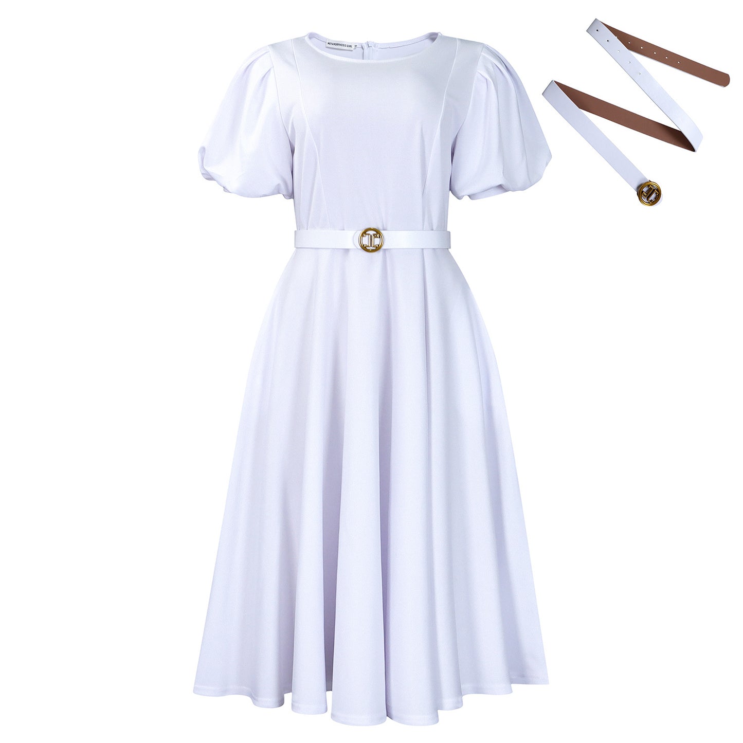 Damen Midi-Kleid mit voluminösen Puffärmeln, elegantem Taillengürtel und schwingendem Rock Stalluxe