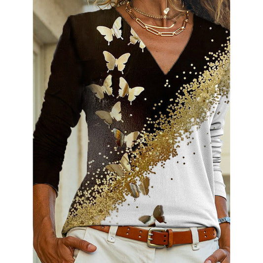 Women's V-Neck Floral Print Long Sleeve Top Stalluxe