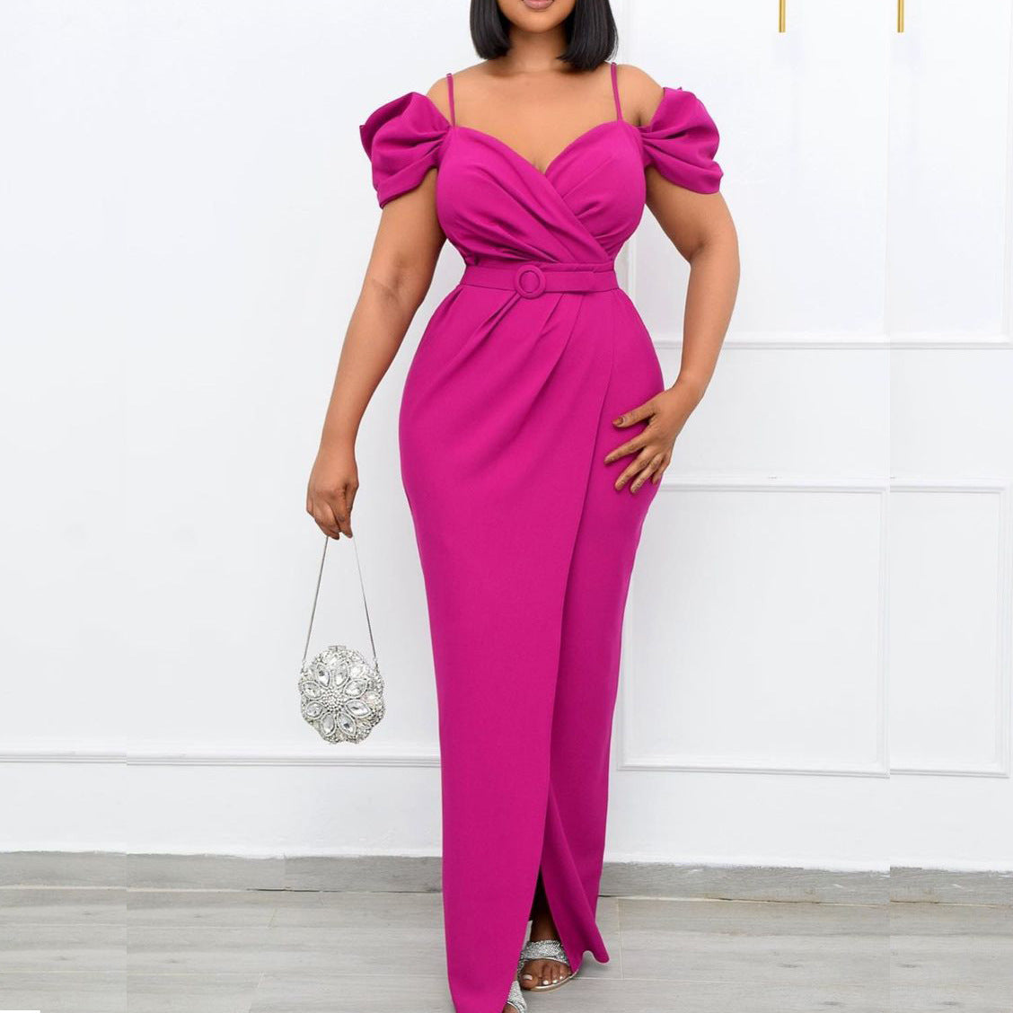 Damen Elegantes Wickelkleid mit voluminösen Puffärmeln und Gürtel Stalluxe