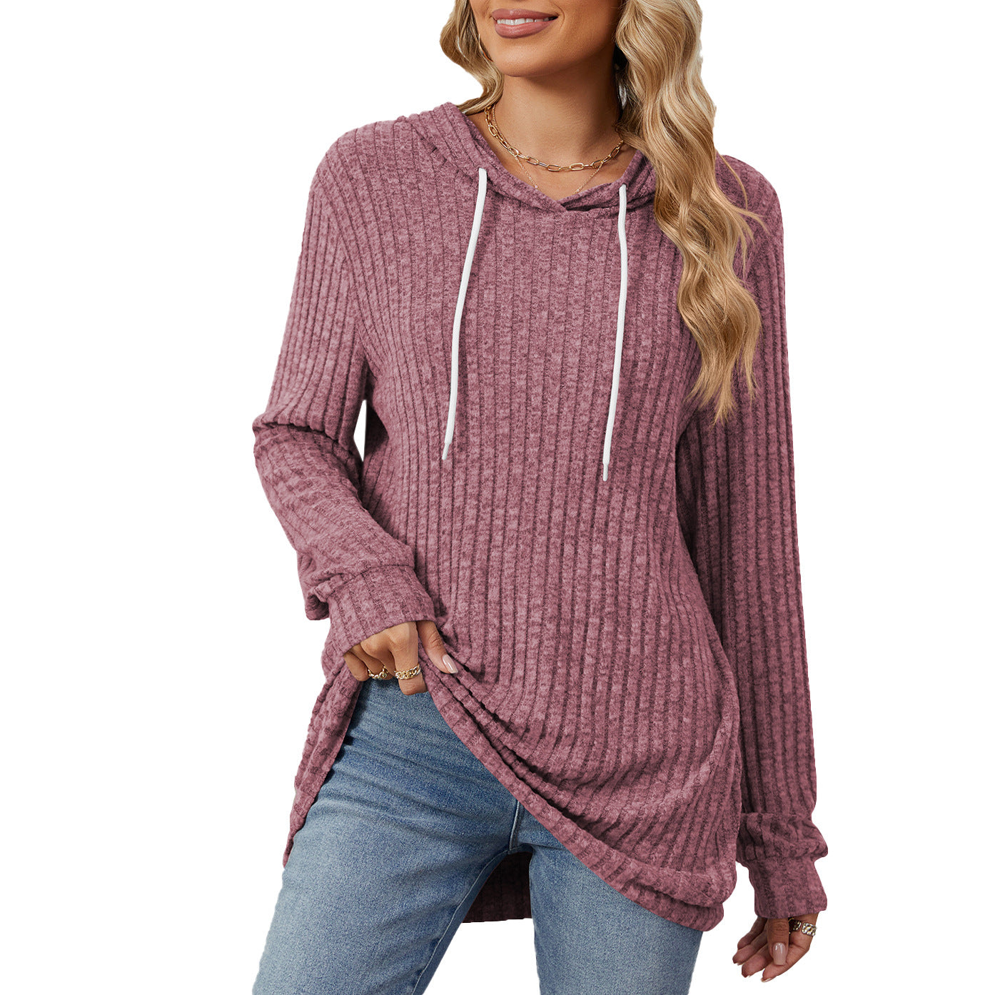 Damen lässiger Longsleeve Hoodie mit Rippstruktur und seitlichen Schlitzen Stalluxe