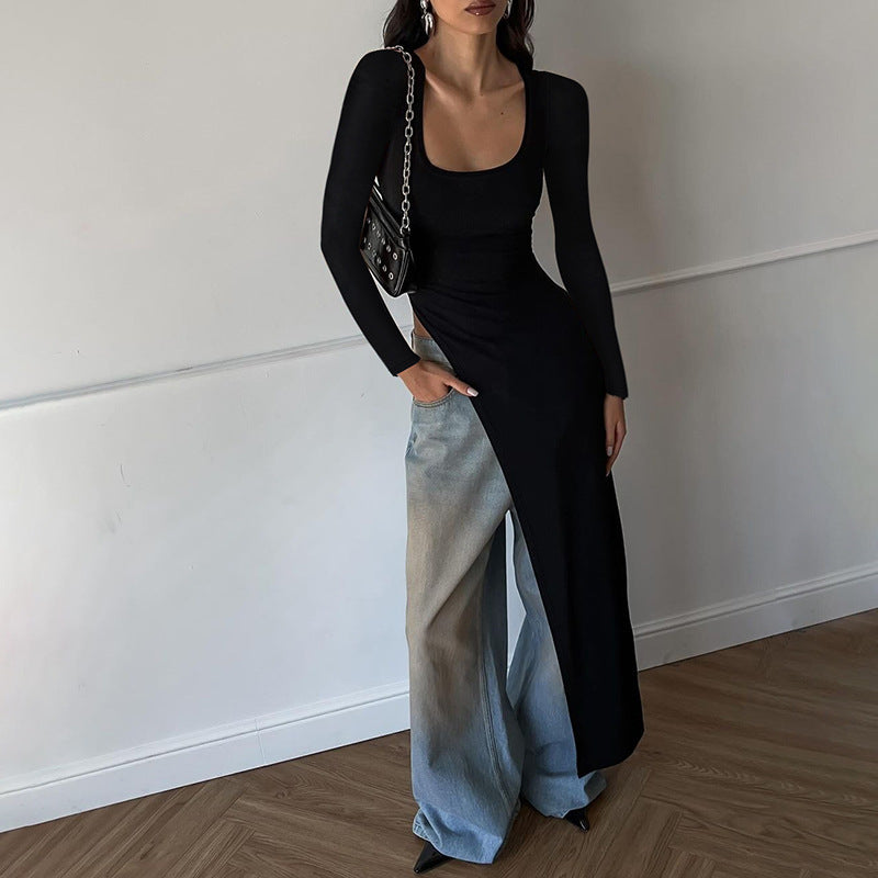 Damen Asymmetrisches Maxikleid mit langem Arm und figurbetontem Schnitt Stalluxe