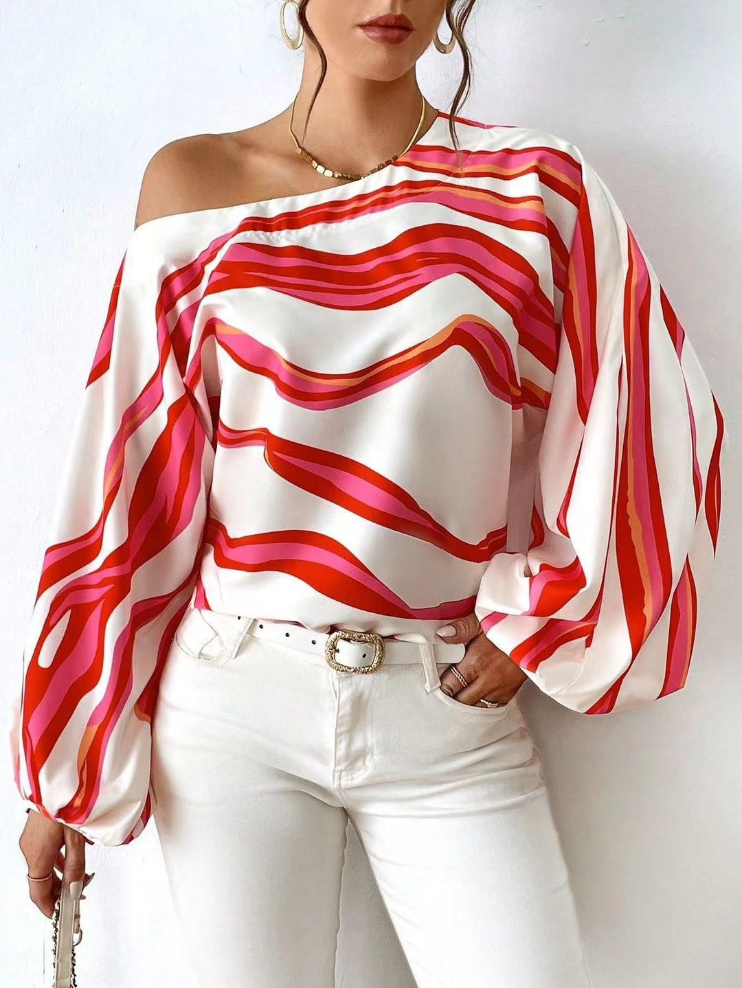 Damen Off-Shoulder Bluse mit voluminösen Ärmeln und streifigem Design Stalluxe