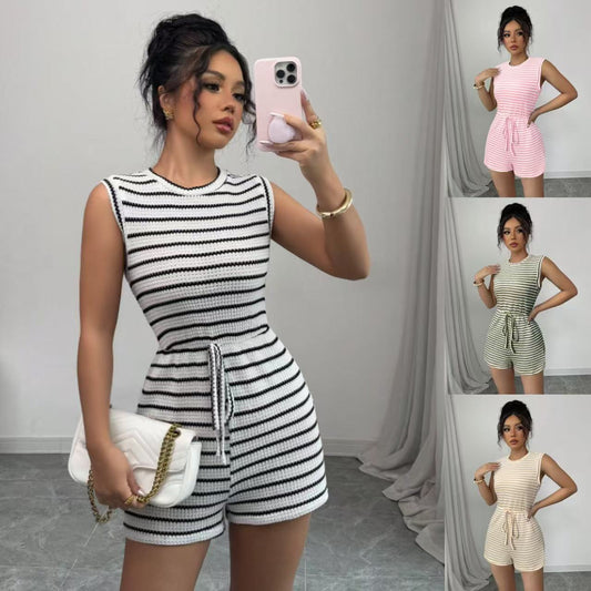 Damen gestreifter Kurzoverall mit Taillenzug Stalluxe