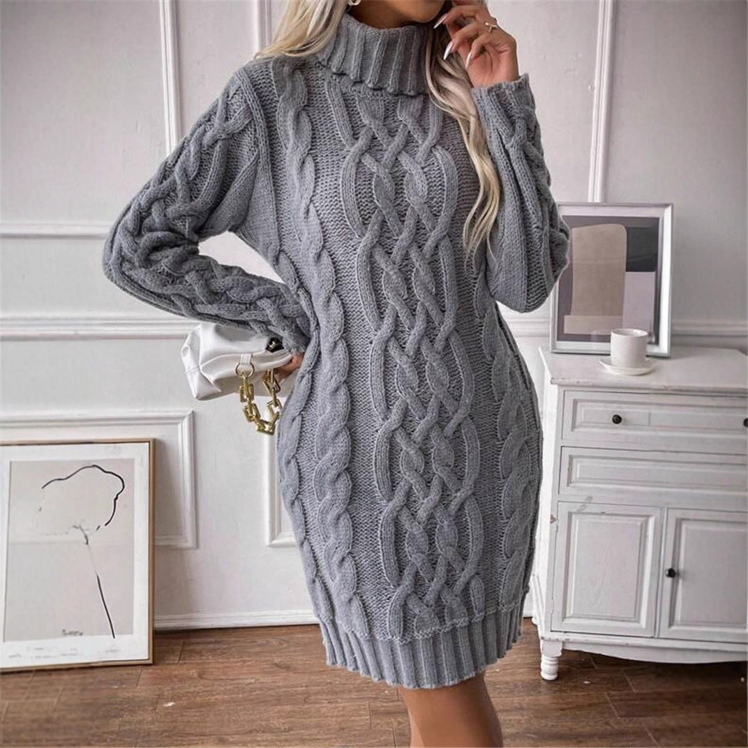 Damen Strickkleid mit hochgeschlossenem Kragen und Zopfmuster Stalluxe