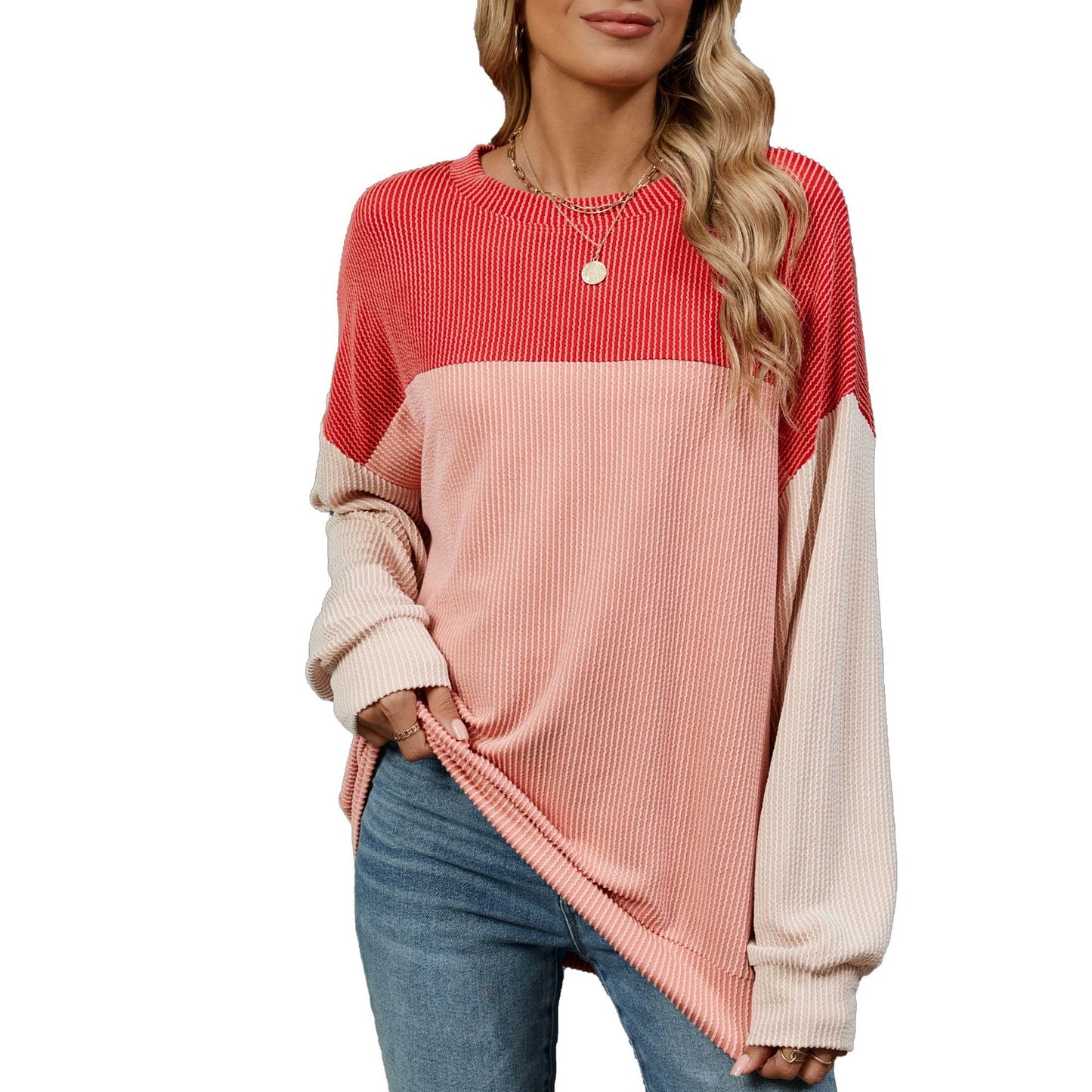 Damen Sweatshirt mit modischem Rippdesign und farblich abgesetzten Ärmeln Stalluxe