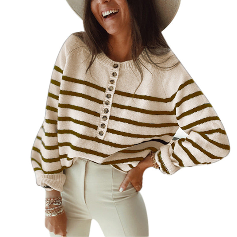 Damen Streifenstrickpullover mit Knopfleiste und weitem Schnitt Stalluxe