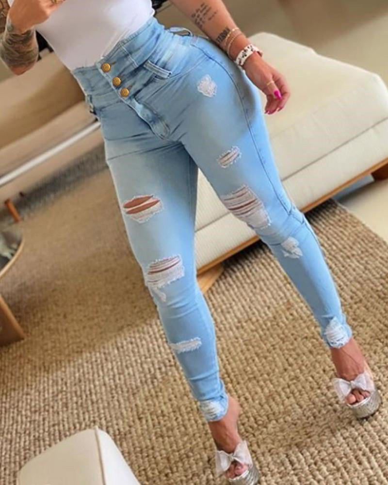 Damen High-Waist Denim Jeans mit modischen Destroyed-Details Stalluxe