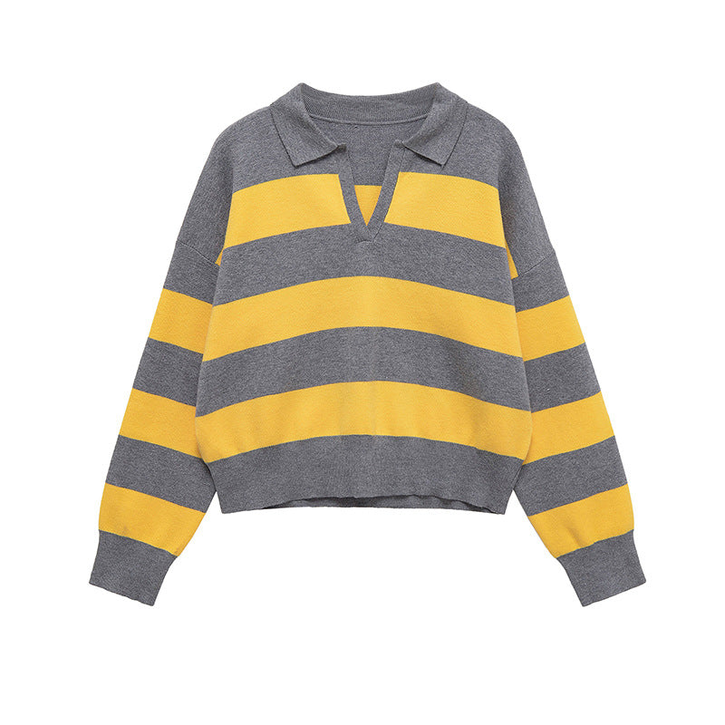 Damen lässiger Strickpullover mit stylisierten Streifen und Polokragen Stalluxe
