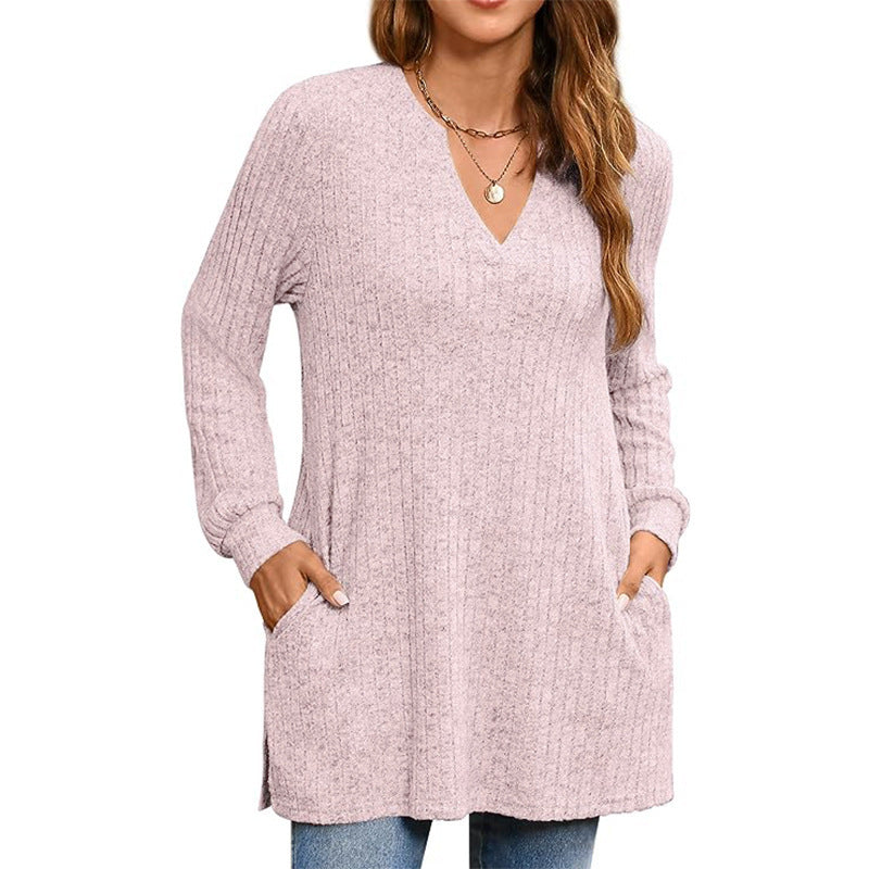 Women's Ribbed V-Neck Tunic Sweater Stalluxe