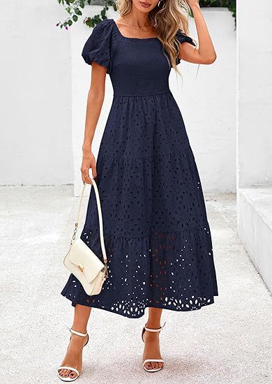 Damen Maxikleid mit dekorativem Lochmuster und Puffärmeln Stalluxe