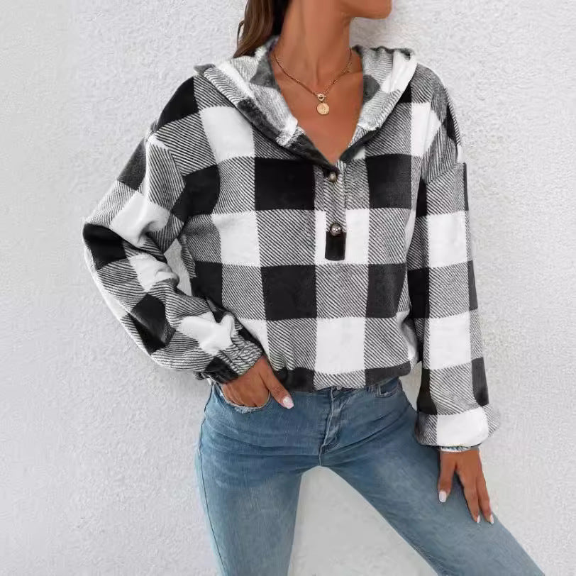 Damen Gemusterte Karo-Hoodie-Bluse Stalluxe