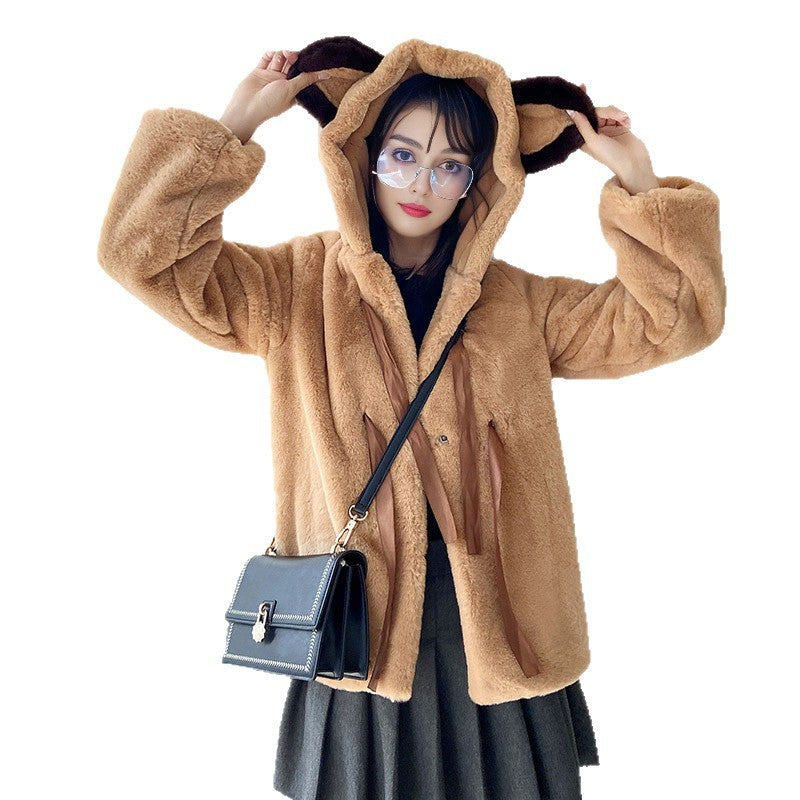 Damen Kuschelige Kunstpelzjacke mit Kapuze und Schleifendetails Stalluxe