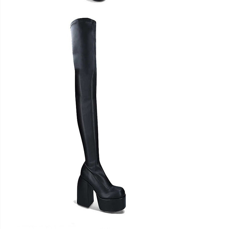 Damen Überknee-Stiefel mit klobigem Blockabsatz und elastischem Obermaterial Stalluxe
