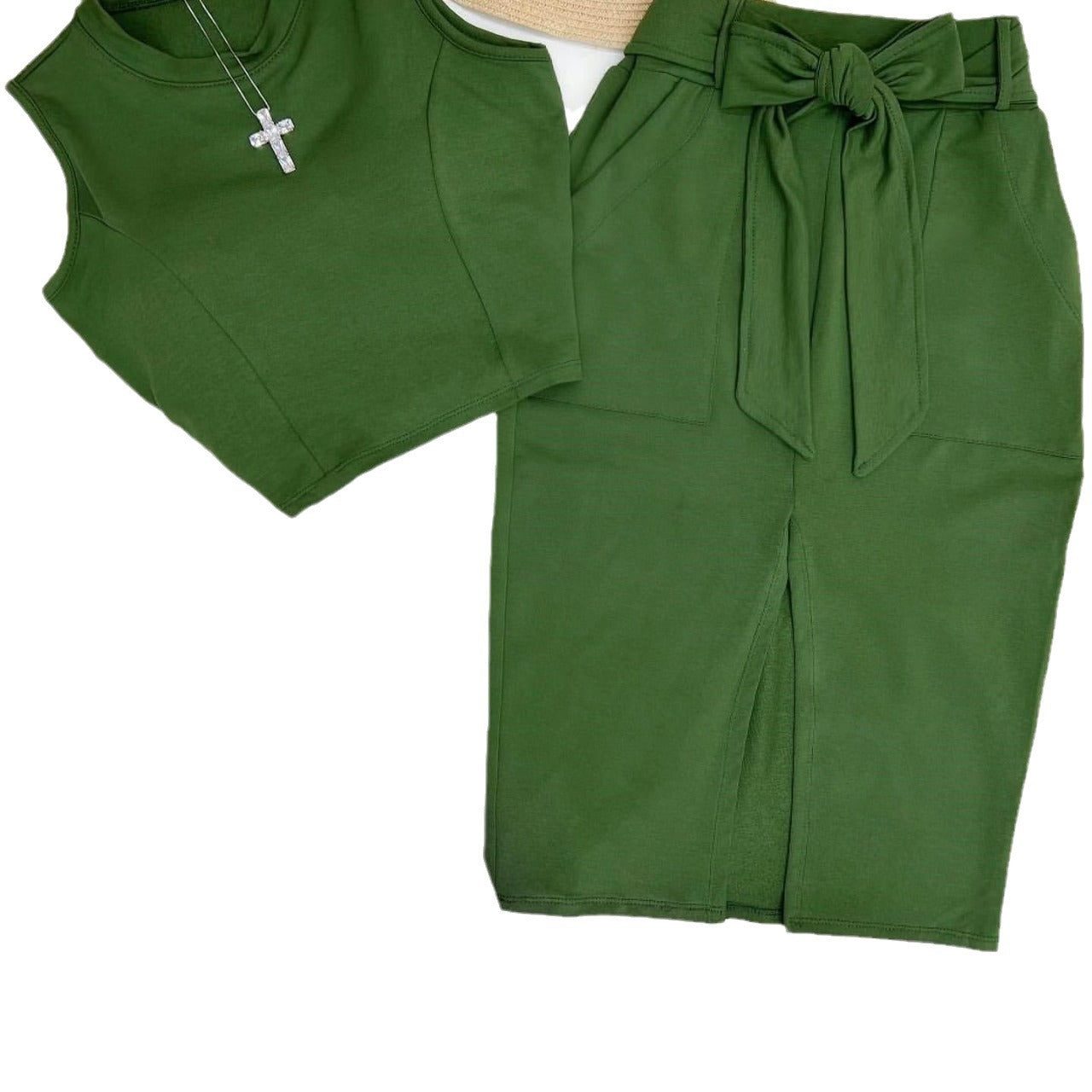 Damen Modisches Oberteil und Midirock Set mit Gürtel Stalluxe