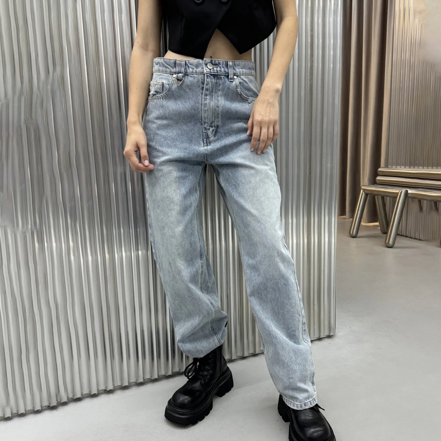 Damen Wide-Leg-Jeans mit Destroyed-Details und hohem Bund Stalluxe