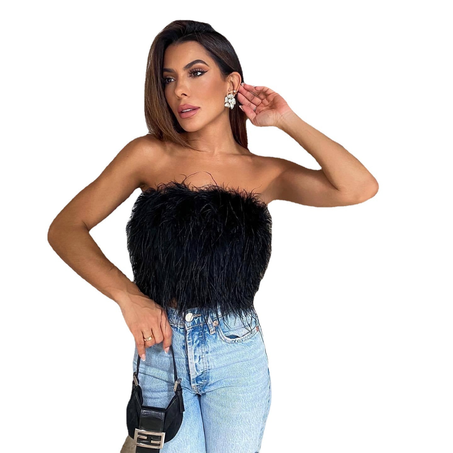 Damen Modische Top mit aufregendem Federn und schulterfreiem Design Stalluxe