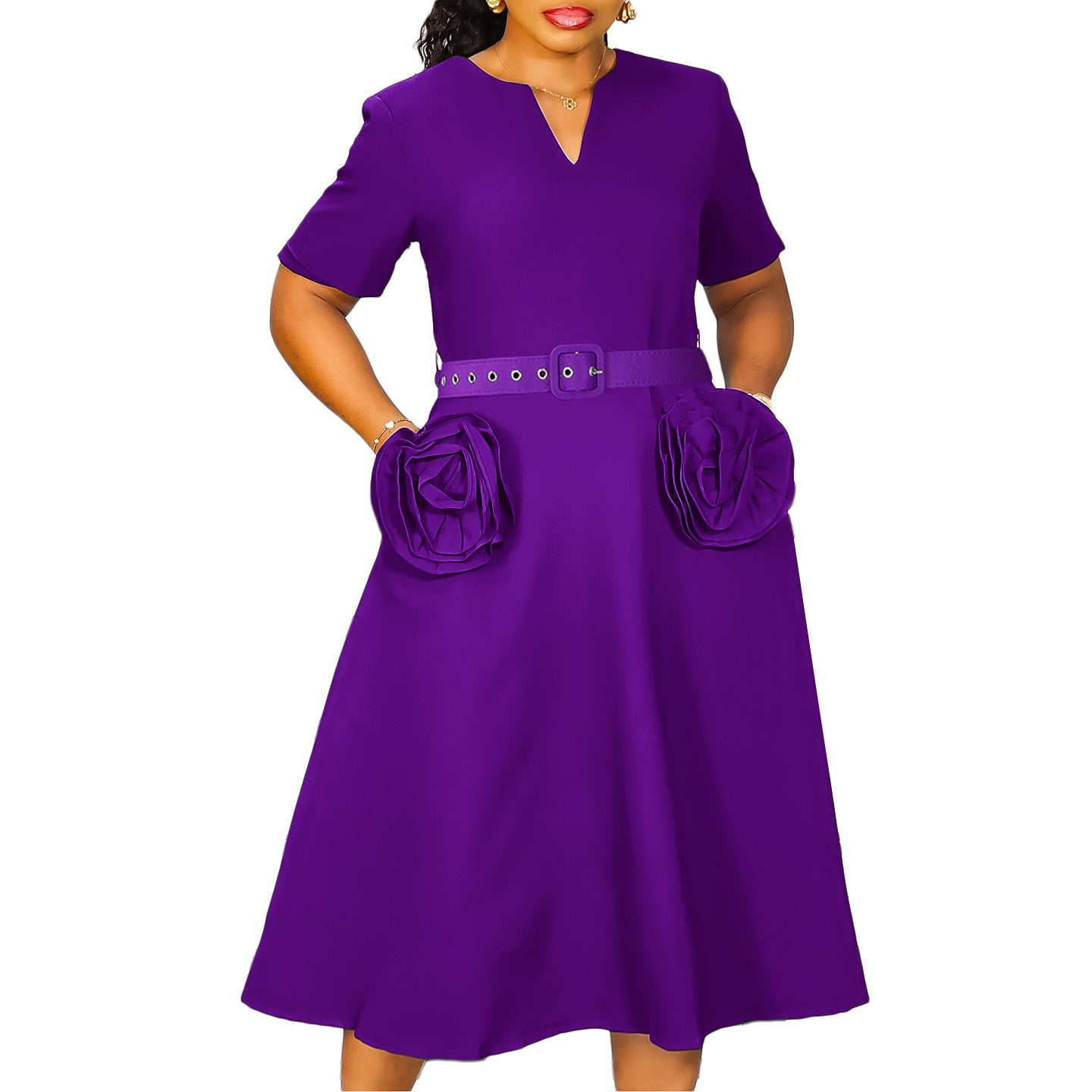 Damen Midi-Kleid mit dekorativen Blumenapplikationen und Taillengürtel Stalluxe