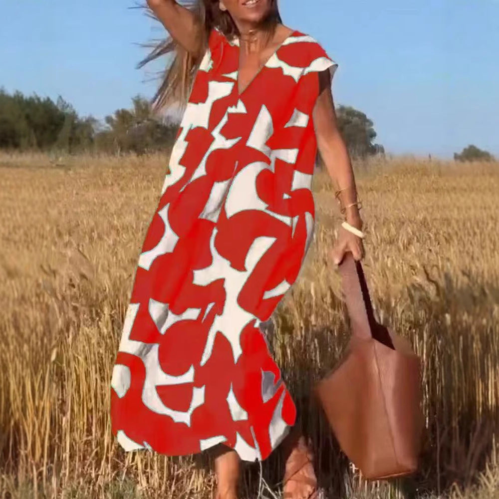 Damen lässiges Maxikleid mit kreativem Muster und tiefem V-Ausschnitt Stalluxe
