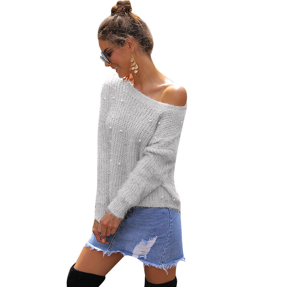 Damen Eleganter und lockerer Pullover mit Schulterfreiem Design und Perlenverzierung Stalluxe