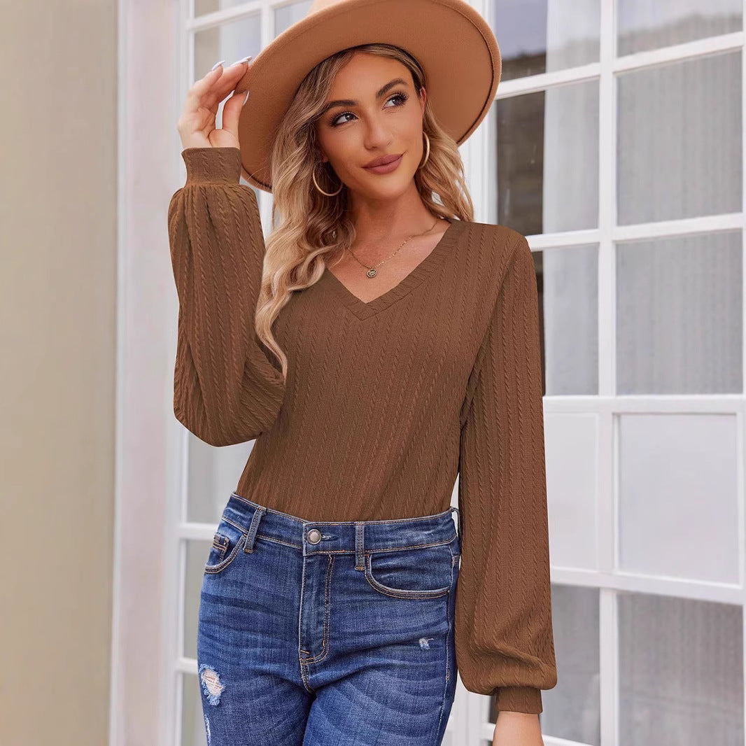 Damen Strickbluse mit feiner Rippstruktur und lässigem V-Ausschnitt Stalluxe