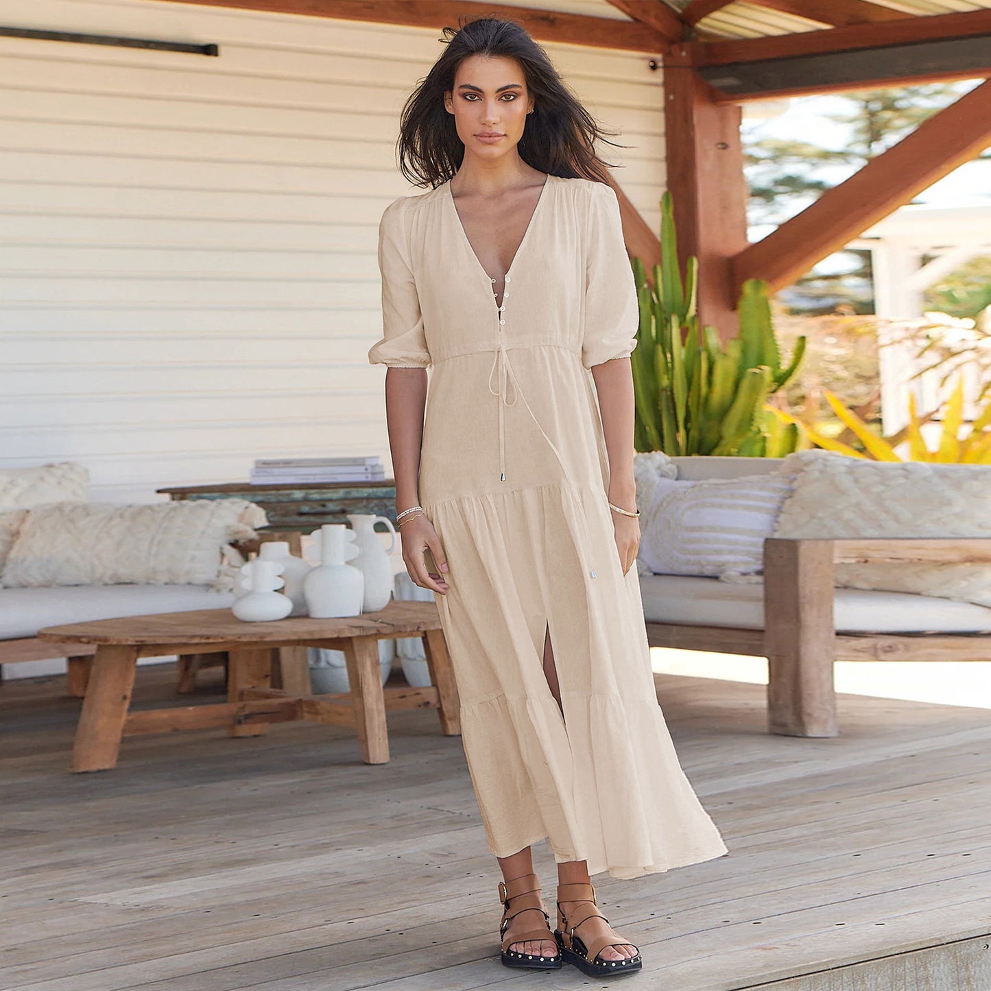 Damen Maxi Kleid mit V-Ausschnitt und Ballonärmeln Stalluxe