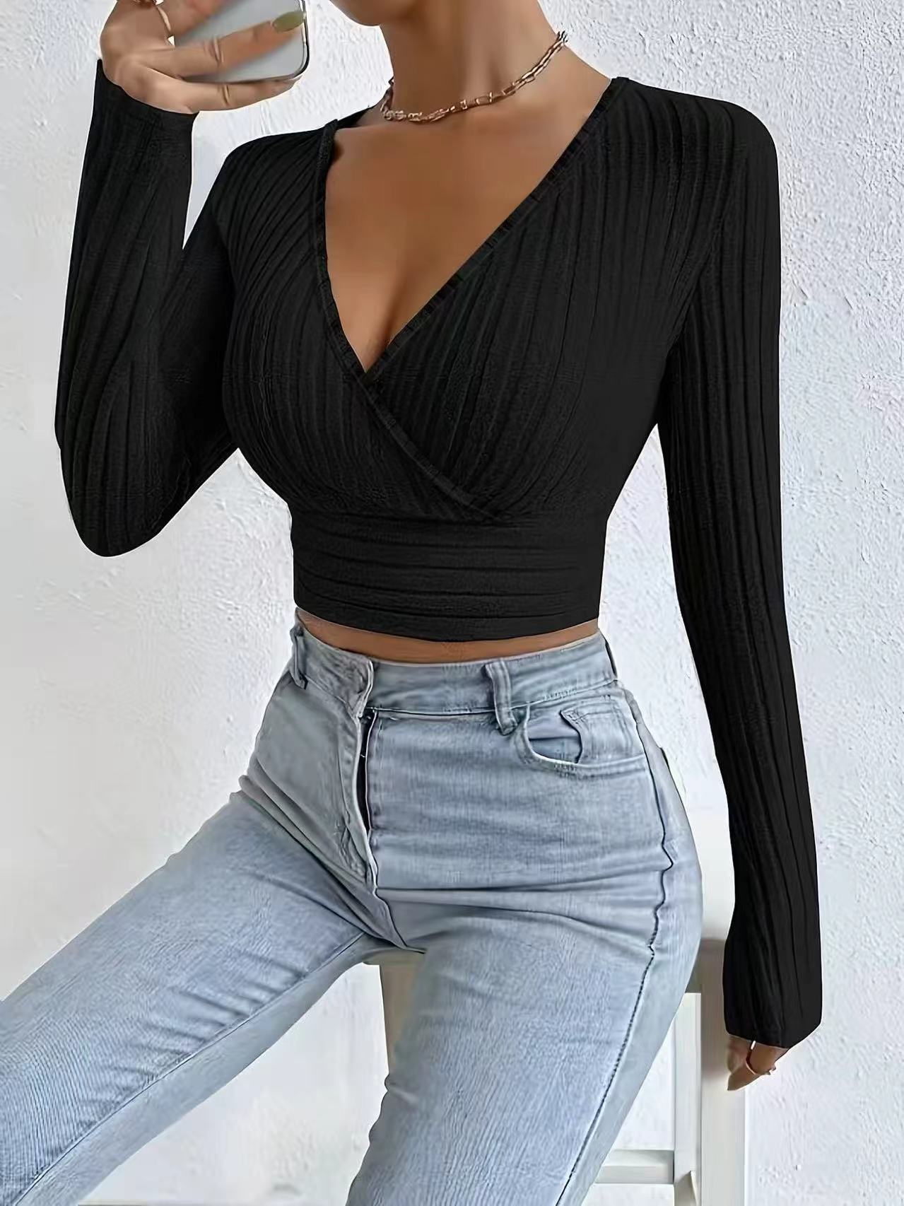 Damen Cropped Pullover mit V-Ausschnitt und raffiniertem Rippendesign Stalluxe
