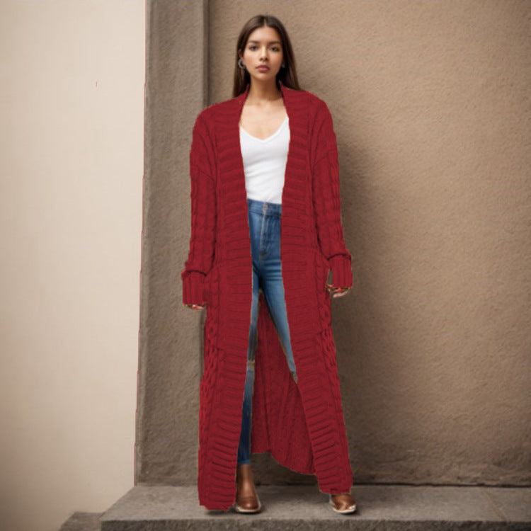 Damen Langer Strickcardigan mit raffiniertem Zopfdesign und praktischen Taschen Stalluxe