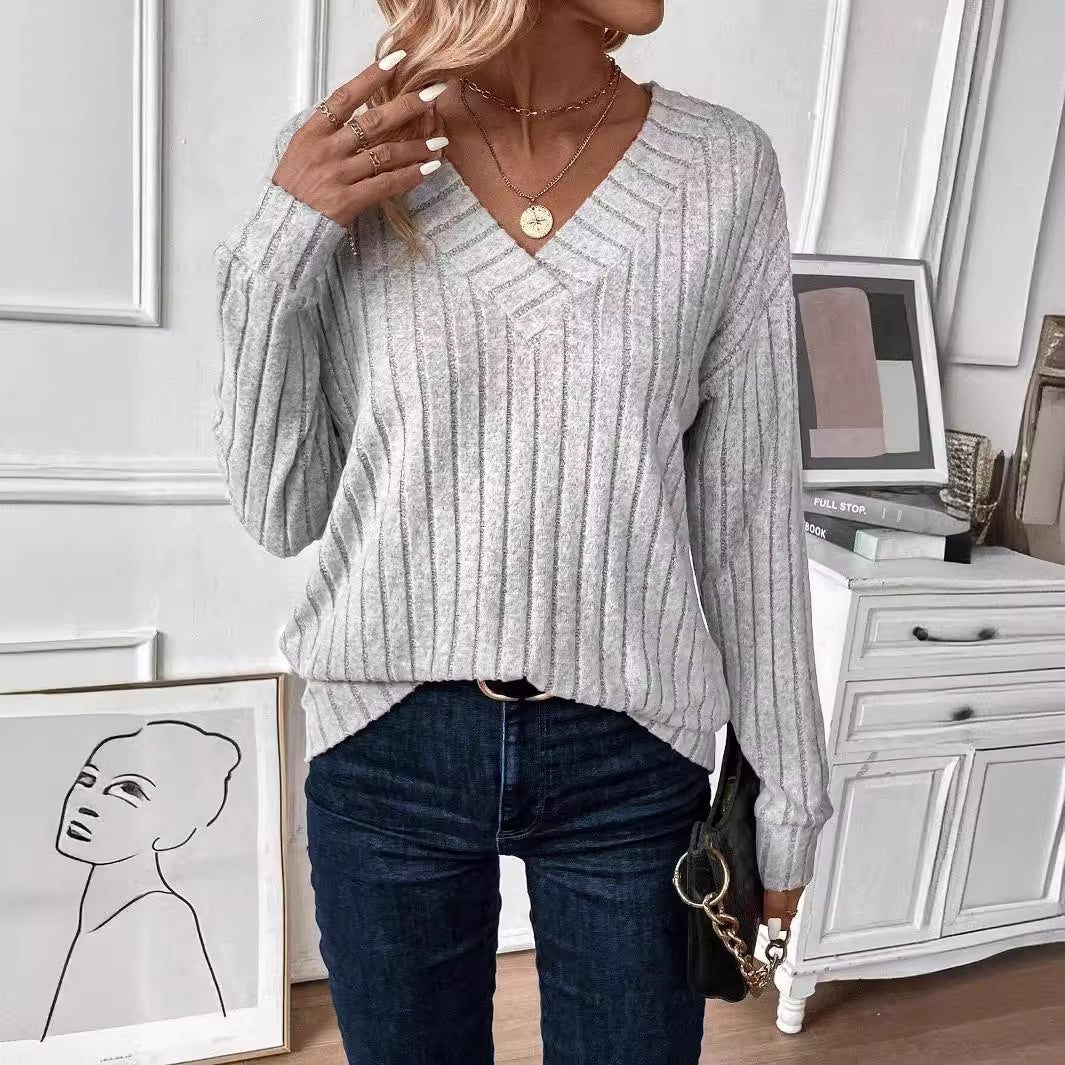 Damen V-Ausschnitt Strickpullover mit senkrechter Rippstruktur Stalluxe