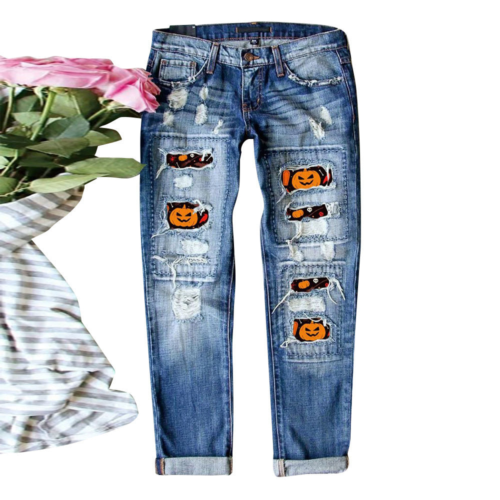 Damen Jeans im kreativen Design mit Spooky-Motiven und lässigem Fit Stalluxe