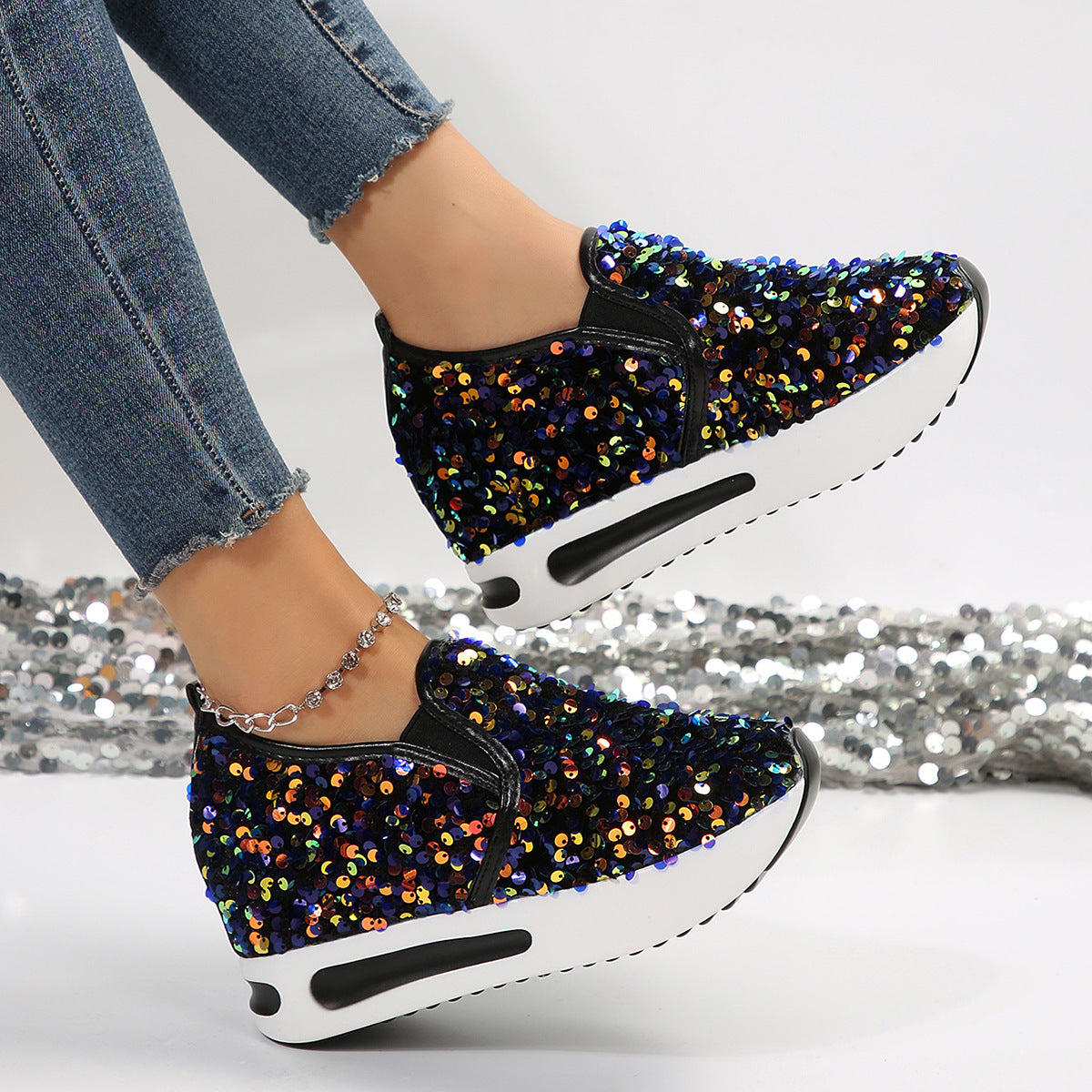 Damen Wedge-Sneaker mit funkelnden Pailletten und rutschfester Sohle Stalluxe