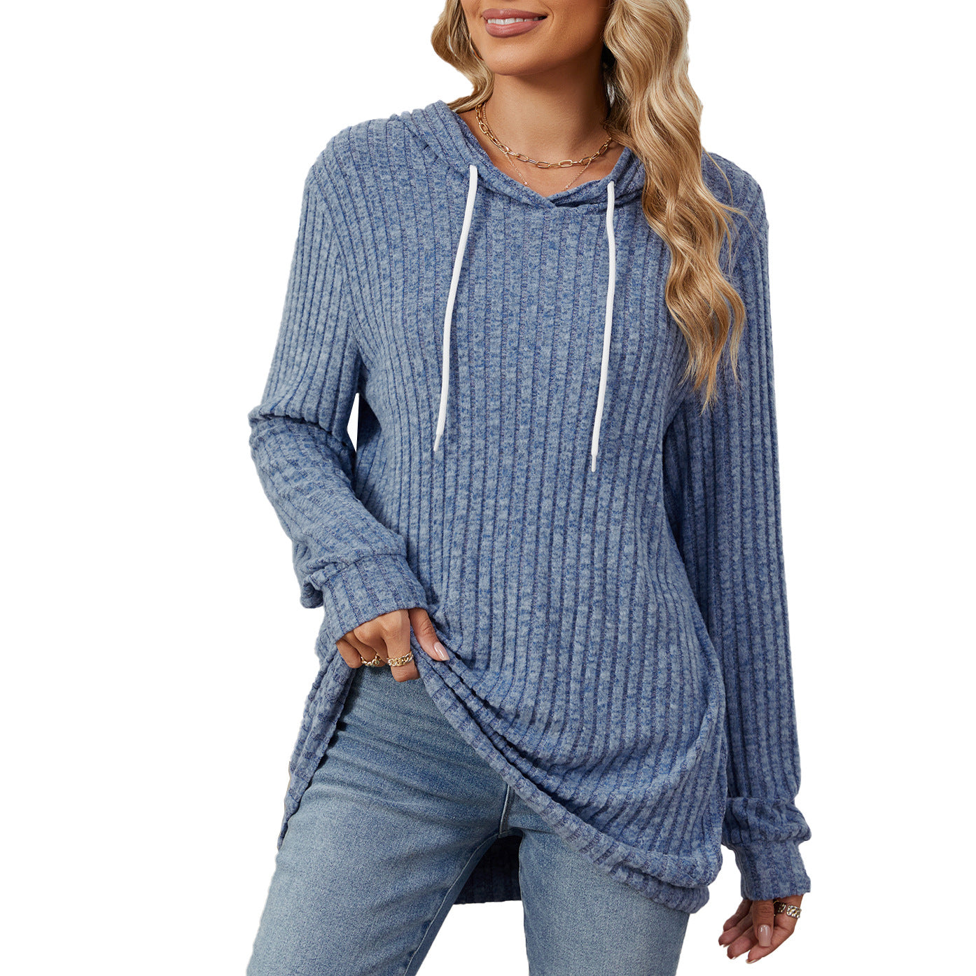 Damen lässiger Longsleeve Hoodie mit Rippstruktur und seitlichen Schlitzen Stalluxe