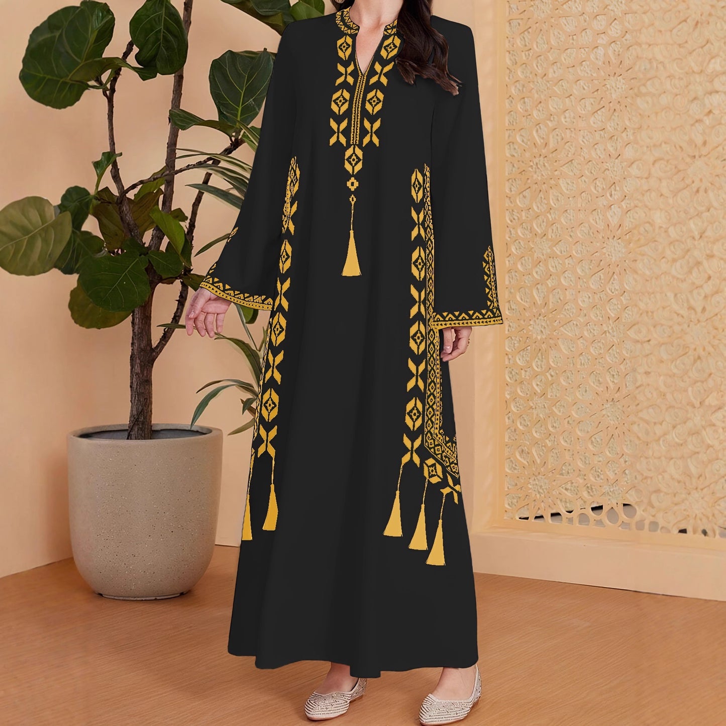 Damen Kaftan-Kleid mit kunstvollem besticktem Design und elegantem V-Ausschnitt Stalluxe