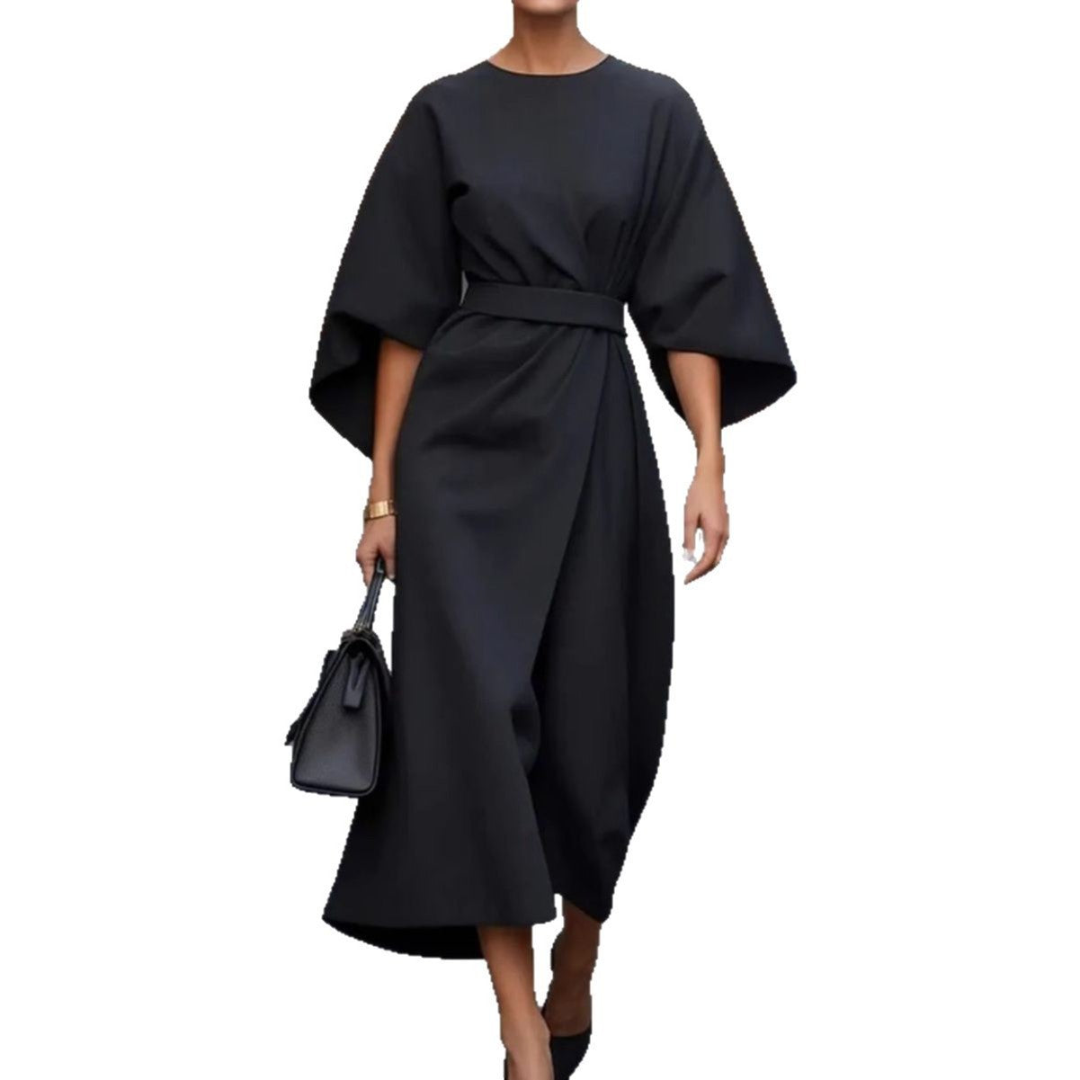 Damen elegantes Maxikleid mit weitem Schnitt und Taillengurt Stalluxe