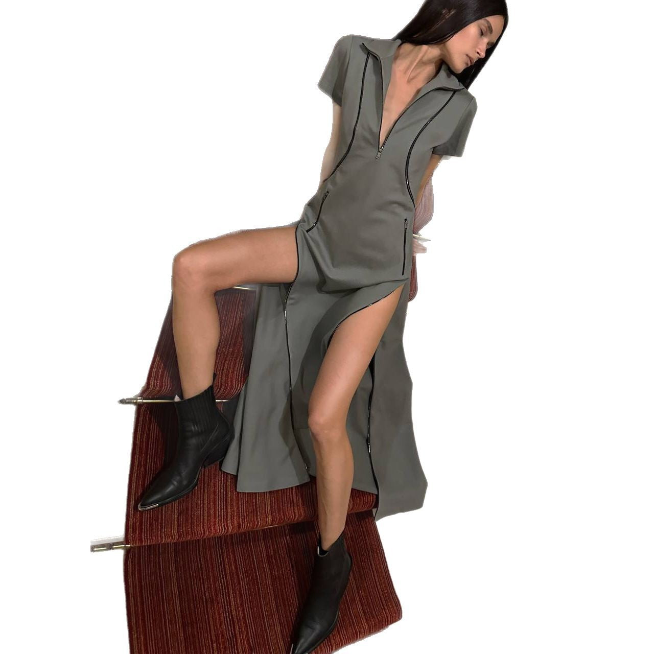 Damen Maxi-Kleid mit hohem Schlitz und stehendem Kragen Stalluxe