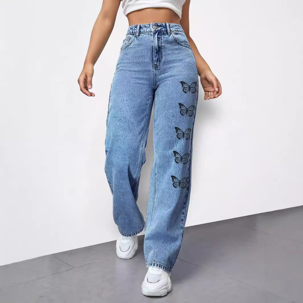 Damen Weit geschnittene Jeans mit modischem Schmetterlingsdesign Stalluxe
