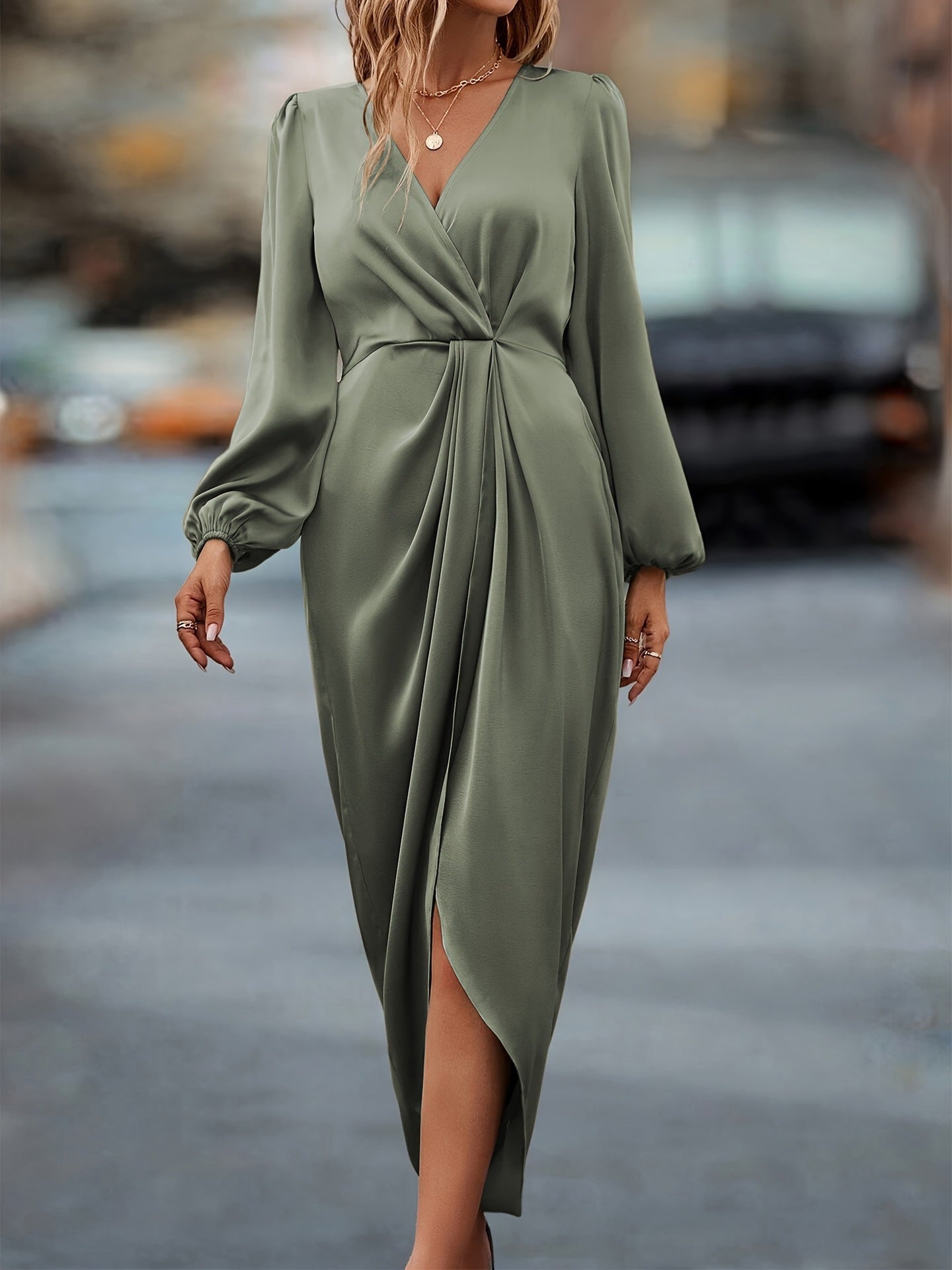 Damen Elegantes Wickel-Maxi-Kleid mit tiefem V-Ausschnitt und drapiertem Material Stalluxe