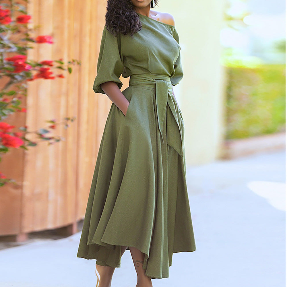 Damen Elegantes Off-Shoulder Maxikleid mit seitlichen Taschen und Taillengürtel Stalluxe