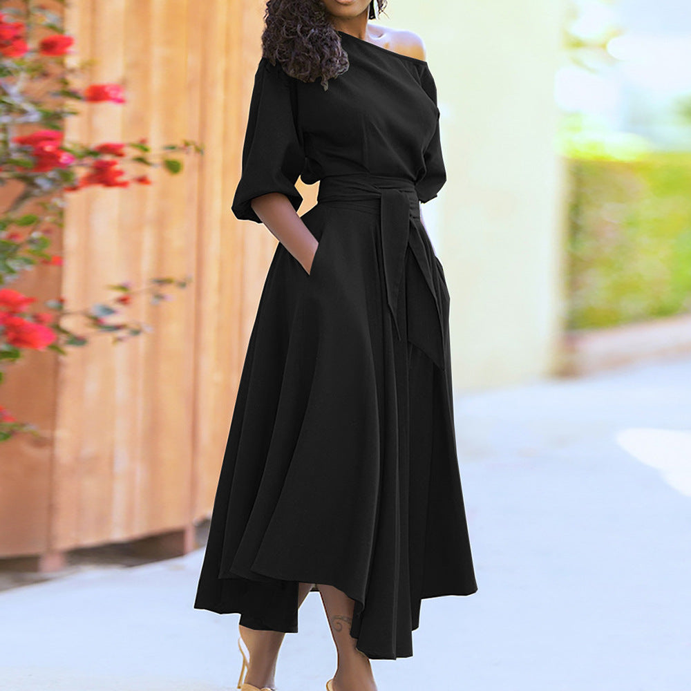Damen Elegantes Off-Shoulder Maxikleid mit seitlichen Taschen und Taillengürtel Stalluxe