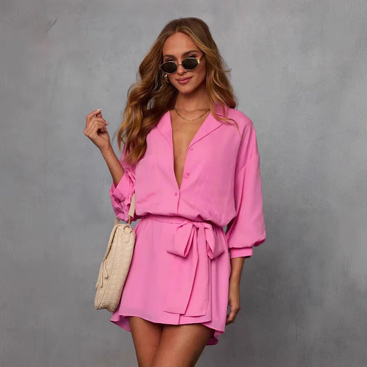 Damen elegantes Hemdblusenkleid mit luftigen Ärmeln und Taillengürtel Stalluxe