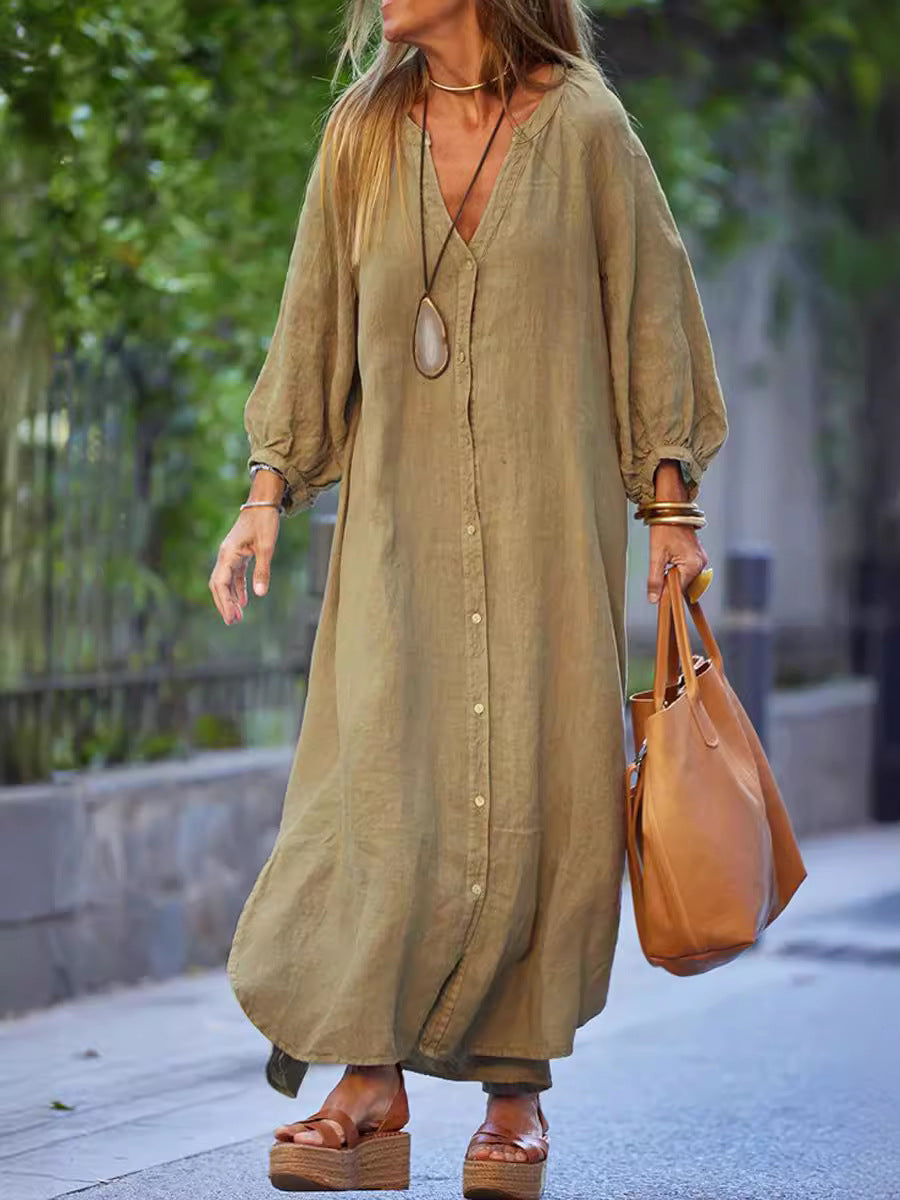 Women's Long Linen Button-Up Dress Stalluxe